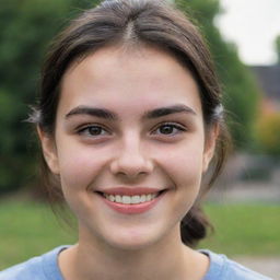 A portrait of an 18-year-old girl with dark hair and thick eyebrows. She has a captivating smile on her face, but her eyes carry a hint of sadness.