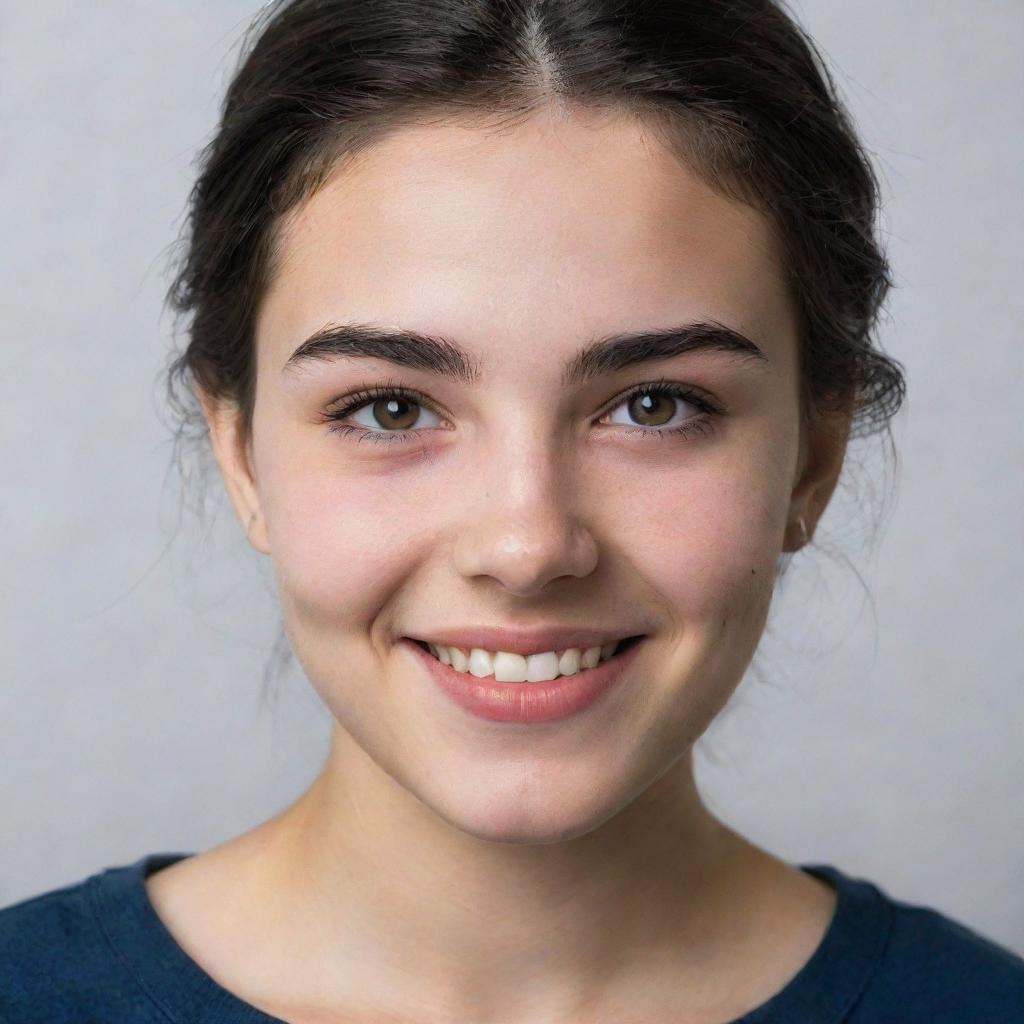 A portrait of an 18-year-old girl with dark hair and thick eyebrows. She has a captivating smile on her face, but her eyes carry a hint of sadness.