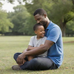 A loving father spending quality time with his young son in a peaceful park setting.