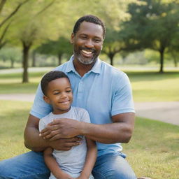 A loving father spending quality time with his young son in a peaceful park setting.