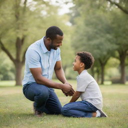 A loving father spending quality time with his young son in a peaceful park setting.