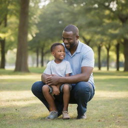 A loving father spending quality time with his young son in a peaceful park setting.