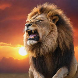 A vibrant, multicolored sky with a resplendent sun, dramatically backdropping a roaring, furious lion