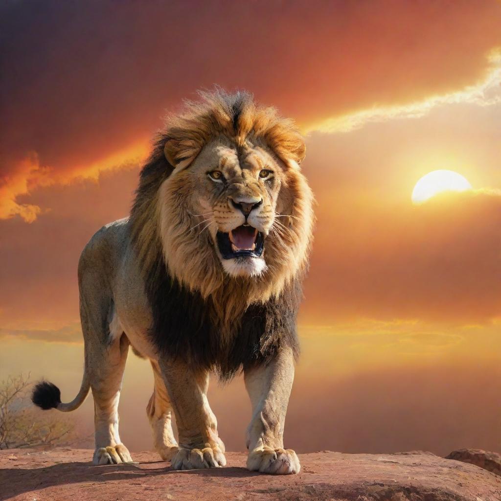 A vibrant, multicolored sky with a resplendent sun, dramatically backdropping a roaring, furious lion