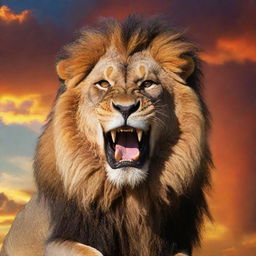 A vibrant, multicolored sky with a resplendent sun, dramatically backdropping a roaring, furious lion