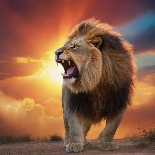 A vibrant, multicolored sky with a resplendent sun, dramatically backdropping a roaring, furious lion