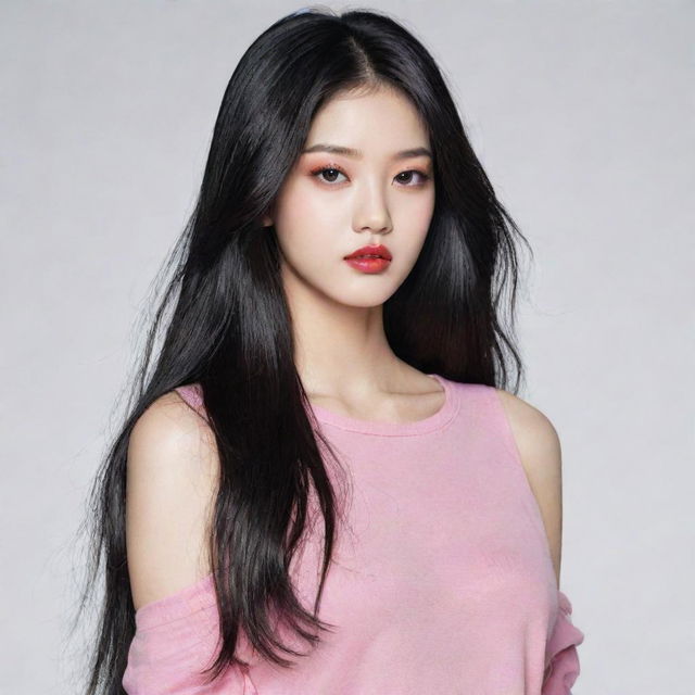 Draw the fifth member of Black Pink. She is a female standing 1.73 meters tall and weighing 44kg. She has long, black hair, fair skin, and an angular, aloof face with red lips.