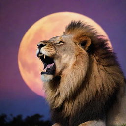 A majestic furious lion roaring, silhouetted against a vibrant, multi-colored sky with a luminous full moon shining brightly in the background