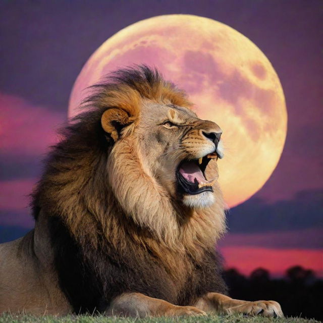 A majestic furious lion roaring, silhouetted against a vibrant, multi-colored sky with a luminous full moon shining brightly in the background