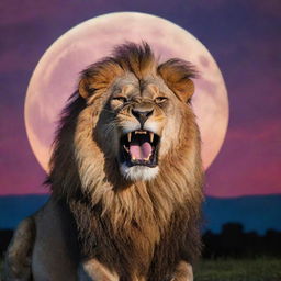 A majestic furious lion roaring, silhouetted against a vibrant, multi-colored sky with a luminous full moon shining brightly in the background