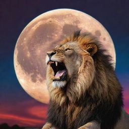 A majestic furious lion roaring, silhouetted against a vibrant, multi-colored sky with a luminous full moon shining brightly in the background