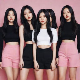 Illustrate the fifth member standing alongside the other members of Black Pink. She is a 1.73m tall female, weighs 44kg, has long black hair, fair skin, and angular, aloof face with red lips.