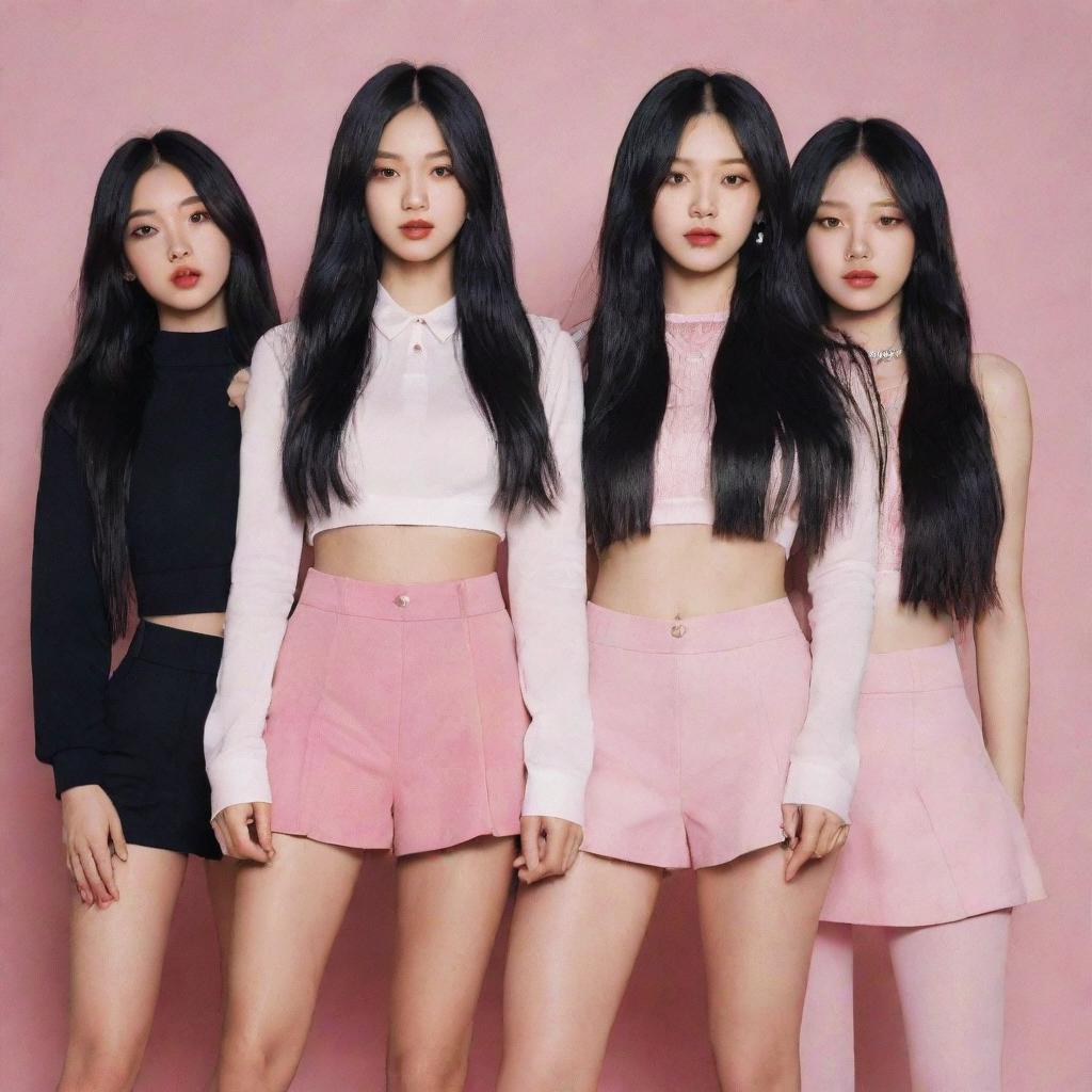 Illustrate the fifth member standing alongside the other members of Black Pink. She is a 1.73m tall female, weighs 44kg, has long black hair, fair skin, and angular, aloof face with red lips.