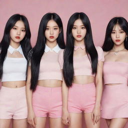 Illustrate the fifth member standing alongside the other members of Black Pink. She is a 1.73m tall female, weighs 44kg, has long black hair, fair skin, and angular, aloof face with red lips.