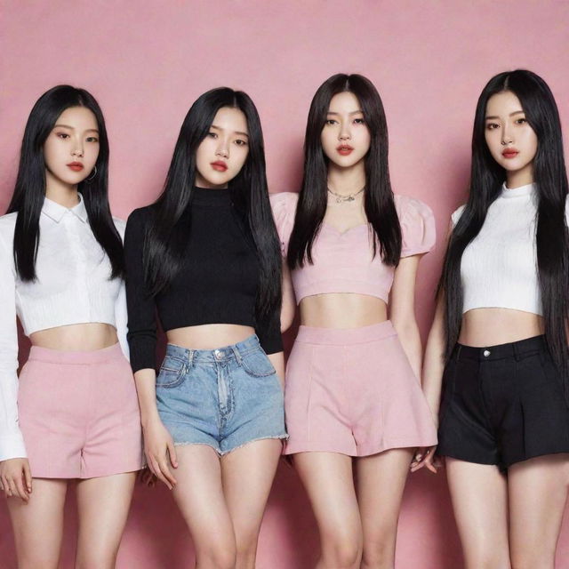 Illustrate the fifth member standing alongside the other members of Black Pink. She is a 1.73m tall female, weighs 44kg, has long black hair, fair skin, and angular, aloof face with red lips.