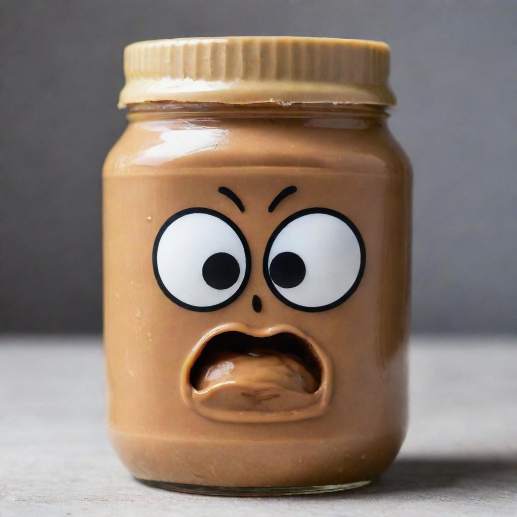 A jar of peanut butter with an extremely angry facial expression