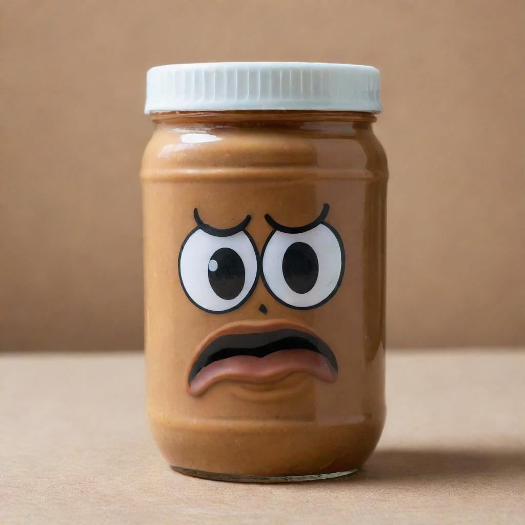 A jar of peanut butter with an extremely angry facial expression