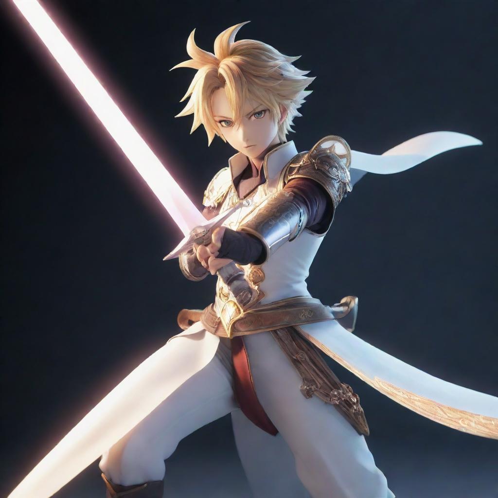 An anime-styled character in dynamic pose, brandishing a gleaming sword that emits an ethereal glow