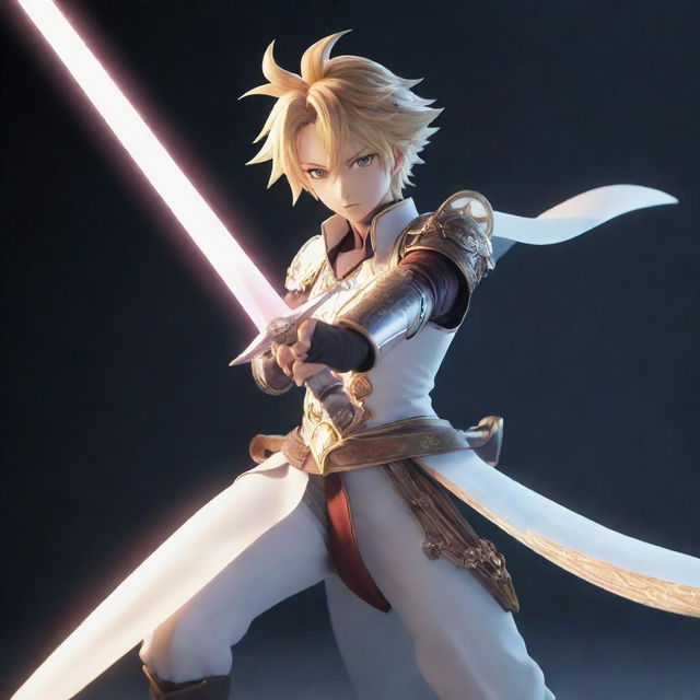 An anime-styled character in dynamic pose, brandishing a gleaming sword that emits an ethereal glow