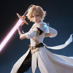 An anime-styled character in dynamic pose, brandishing a gleaming sword that emits an ethereal glow