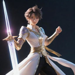 An anime-styled character in dynamic pose, brandishing a gleaming sword that emits an ethereal glow