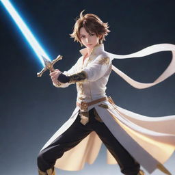 An anime-styled character in dynamic pose, brandishing a gleaming sword that emits an ethereal glow