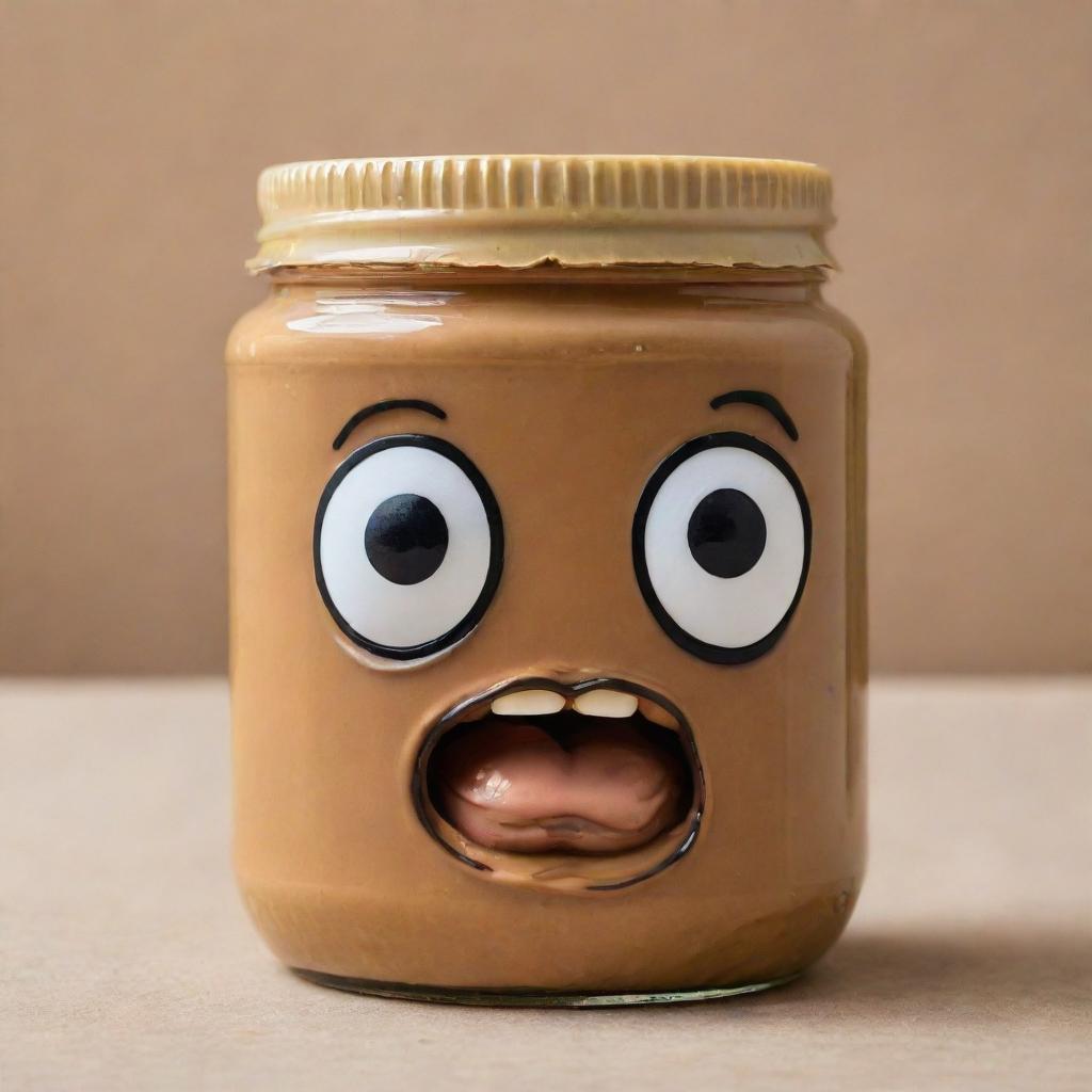 A jar of peanut butter with even more intense, exaggerated expressions of anger