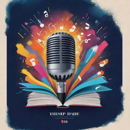 An engaging and vibrant social media poster background that integrates elements of books, a microphone, and a splashy launch event typography