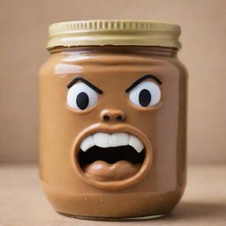 A jar of peanut butter with even more intense, exaggerated expressions of anger