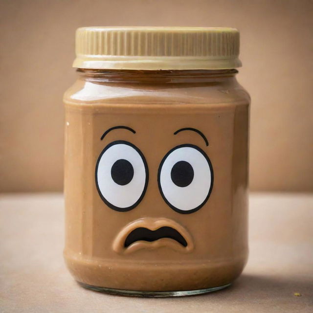 A jar of peanut butter with even more intense, exaggerated expressions of anger