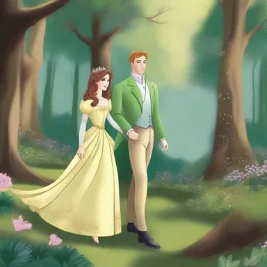 In the enchanting fairytale, the prince and princess gayly strolled hand in hand through the enchanted forest, basking in the joyous atmosphere.