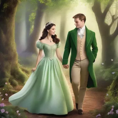 In the enchanting fairytale, the prince and princess gayly strolled hand in hand through the enchanted forest, basking in the joyous atmosphere.
