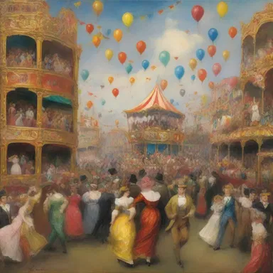 The vibrant colors and playful brushstrokes in the painting depicted a bustling carnival, where people gayly celebrated and laughed with exhilaration.