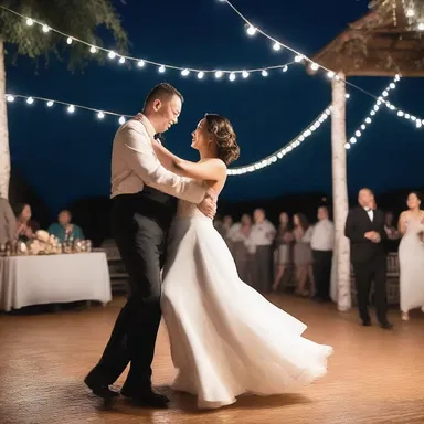 Under the moonlit sky, the couple gayly twirled on the dance floor, lost in each other's eyes, fully embracing the joyous and romantic moment.