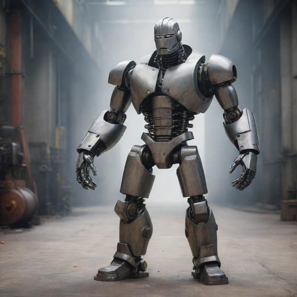 Create a character who bears features of steel machinery, embodying a fusion of human and mechanical elements.