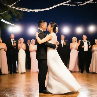 Under the moonlit sky, the couple gayly twirled on the dance floor, lost in each other's eyes, fully embracing the joyous and romantic moment.