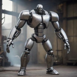 Create a character who bears features of steel machinery, embodying a fusion of human and mechanical elements.