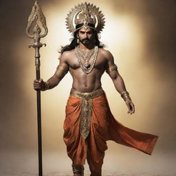 Rudra, the Hindu god. He is a storm god and a fierce warrior, standing tall with his trident and adorned in traditional attire.