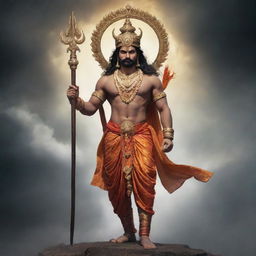 Rudra, the Hindu god. He is a storm god and a fierce warrior, standing tall with his trident and adorned in traditional attire.