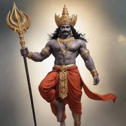 Rudra, the Hindu god. He is a storm god and a fierce warrior, standing tall with his trident and adorned in traditional attire.