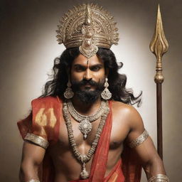 Rudra, the Hindu god. He is a storm god and a fierce warrior, standing tall with his trident and adorned in traditional attire.