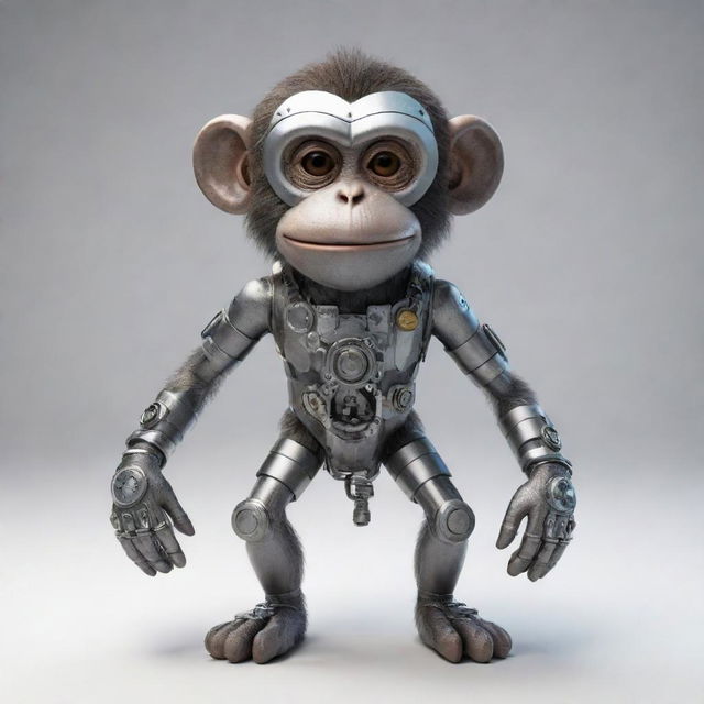 An innovative monkey character with visible steel machinery elements, fusing organic and mechanical aesthetics.