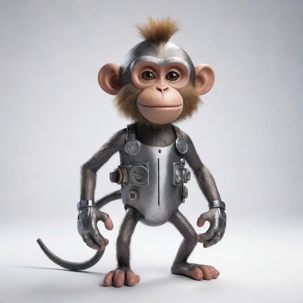 An innovative monkey character with visible steel machinery elements, fusing organic and mechanical aesthetics.