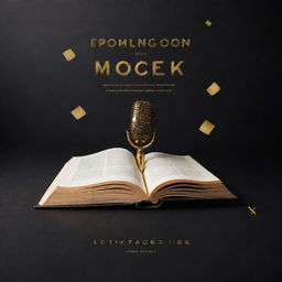 A sophisticated social media poster background with a black and golden theme, featuring book and microphone images, complemented by bold typography announcing a book launch and open mic show