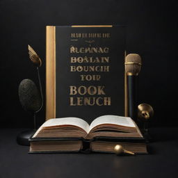 A sophisticated social media poster background with a black and golden theme, featuring book and microphone images, complemented by bold typography announcing a book launch and open mic show