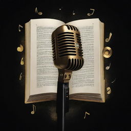 A sophisticated social media poster background with a black and golden theme, featuring book and microphone images, complemented by bold typography announcing a book launch and open mic show