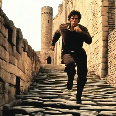 The climactic chase scene in the movie involved the protagonist running along the gable wall of an ancient castle.