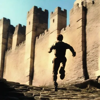 The climactic chase scene in the movie involved the protagonist running along the gable wall of an ancient castle.