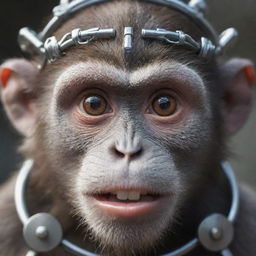 A close-up view of a monkey character's face, intricately designed with visible steel machinery elements.