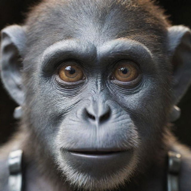 A close-up view of a monkey character's face, intricately designed with visible steel machinery elements.